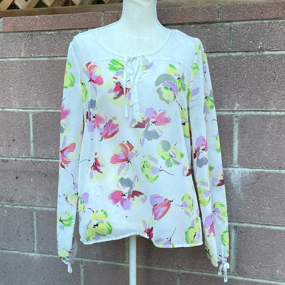 GUESS Sheer Blouse Floral Print Long Sleeve Top Size Medium - Picture 1 of 10